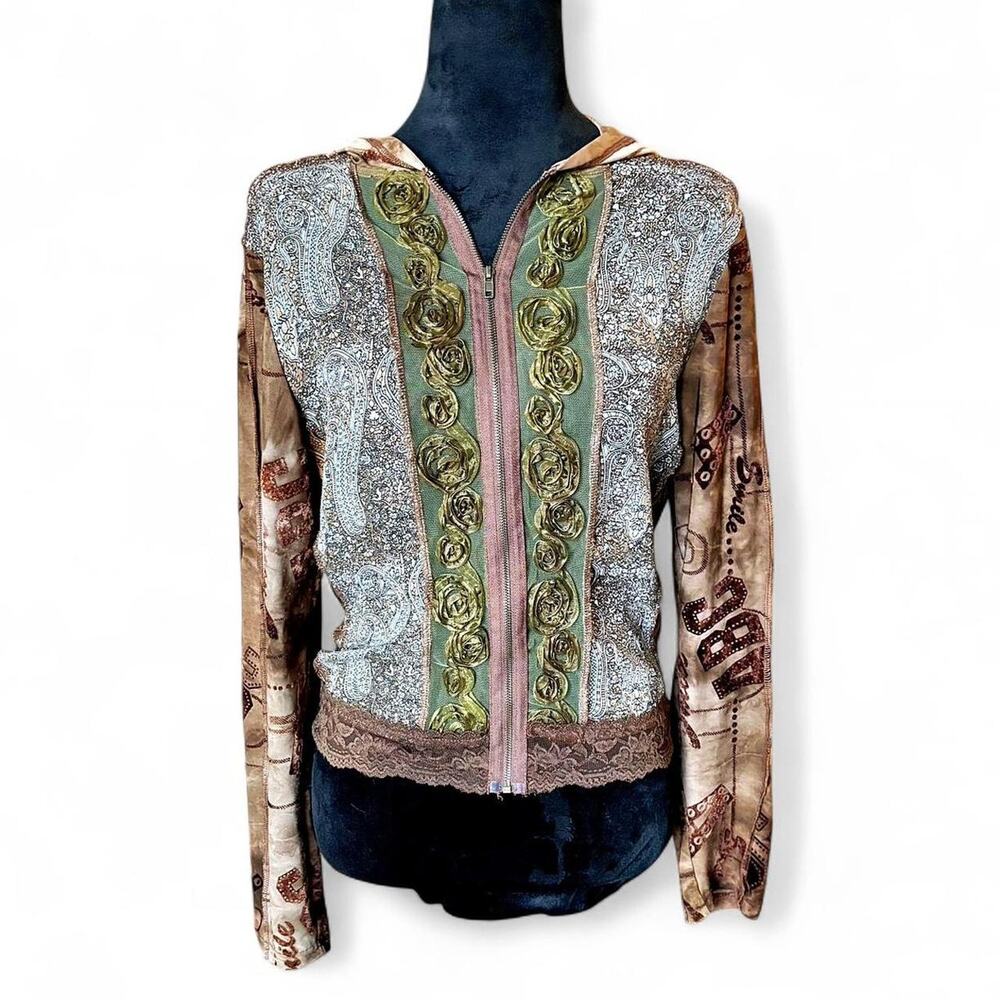 Y2K Fitted Brown Mesh Zip Hoodie – Boho Fairycore Rose [M]